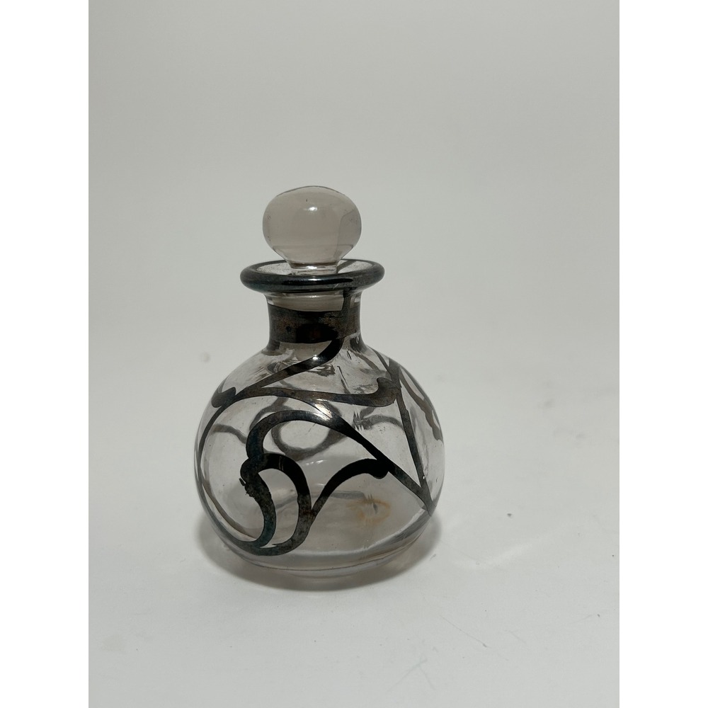 Vintage Art Nouveau Silver Overlay‎ Clear Glass Perfume Bottle with Stopper - Picture 3 of 6